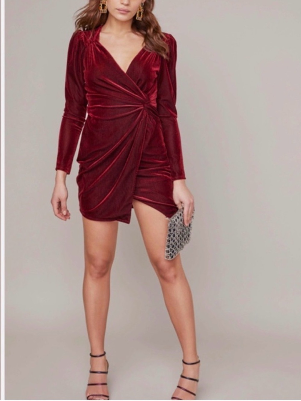 ASTR The Label Women’s Lanita Wrap Front Ribbed Long Sleeve Dress Burgundy